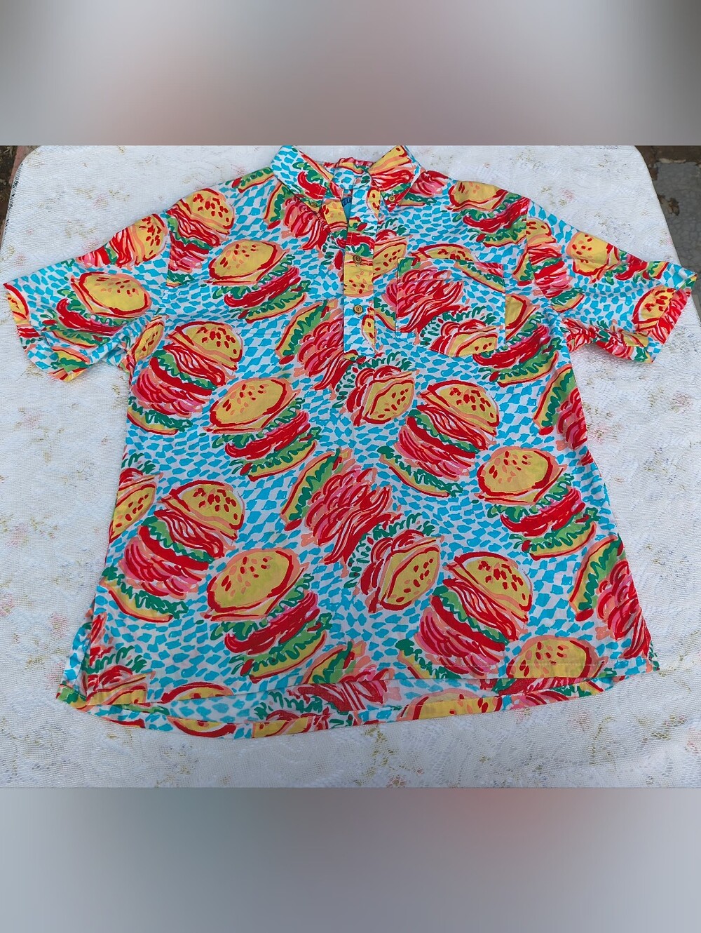Vintage The Nutter Hamburger All-Over Print Short-Sleeve Button-Down Shirt